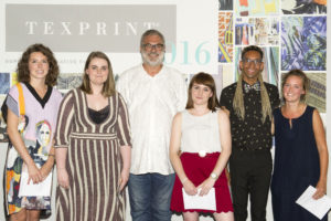 Winners of the 2016 Texprint Awards L-R Megan Clarke, Grace Lomas, Martin Leuthold, Chloe Frost, Jacob Monk, Isla Middleton